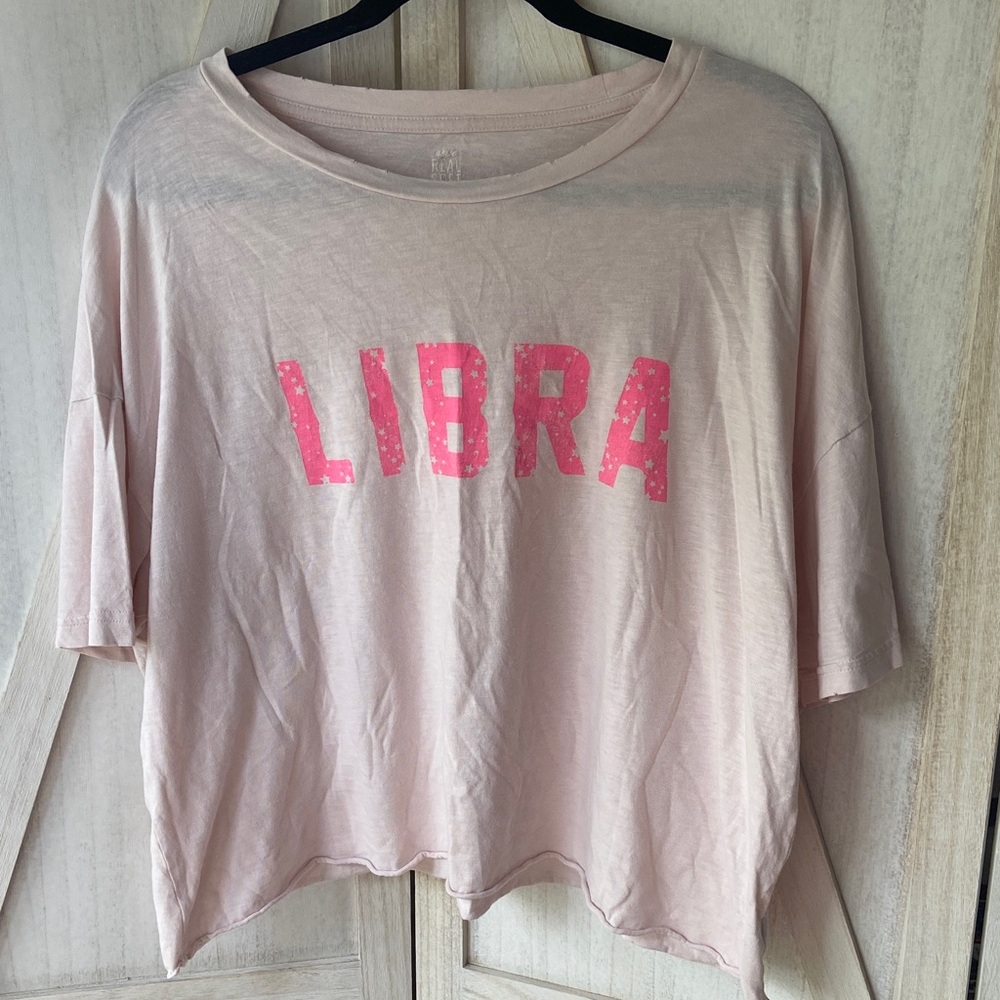Aerie Real Soft Cropped Oversized Pink Libra Graphic Tee Distressed Raw Hem